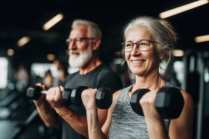 Una coppia di persone di mezza età, con occhiali, alza dei pesi in palestra