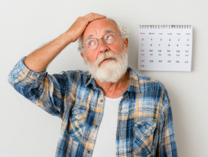 Uomo anziano con la barba grigia che si tiene una mano sulla testa e guarda perplesso verso l'alto in stato di confusione, dietro di lui un calendario.