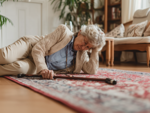Una donna anziana si tiene la mano sulla testa perché è appena caduta accidentalmente in casa