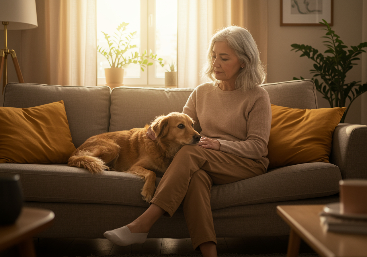 Una signora seduta sul divano con il proprio cane vicino a lei