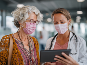 Una dottoressa mostra ad persona anziana i suoi dati clinici su un tablet