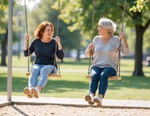 Due donne di mezza età sorridono mentre sono su un altalena
