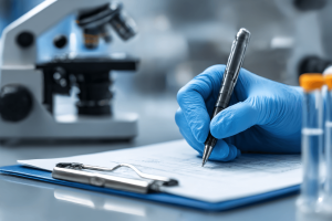 Mano di un medico con un guanto azzurro che scrive su un referto clinico con una penna, con un microscopio sullo sfondo.