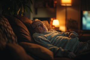 Una persona anziana con gli occhiali, ha il volto un po' triste e guarda la tv steso sul divano di casa propria