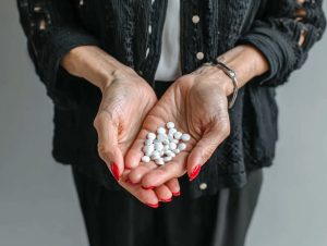 Una persona anziana tiene tra le mani delle pastiglie, farmaci