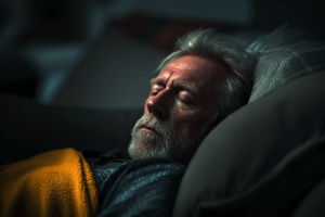 Un uomo con capelli e barba bianchi dorme su un divano ed è coperto da una coperta gialla