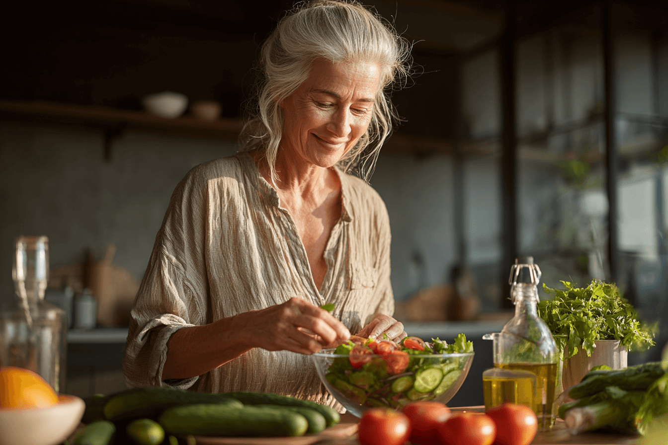 Una donna di mezza età prepara un'insalata in cucina